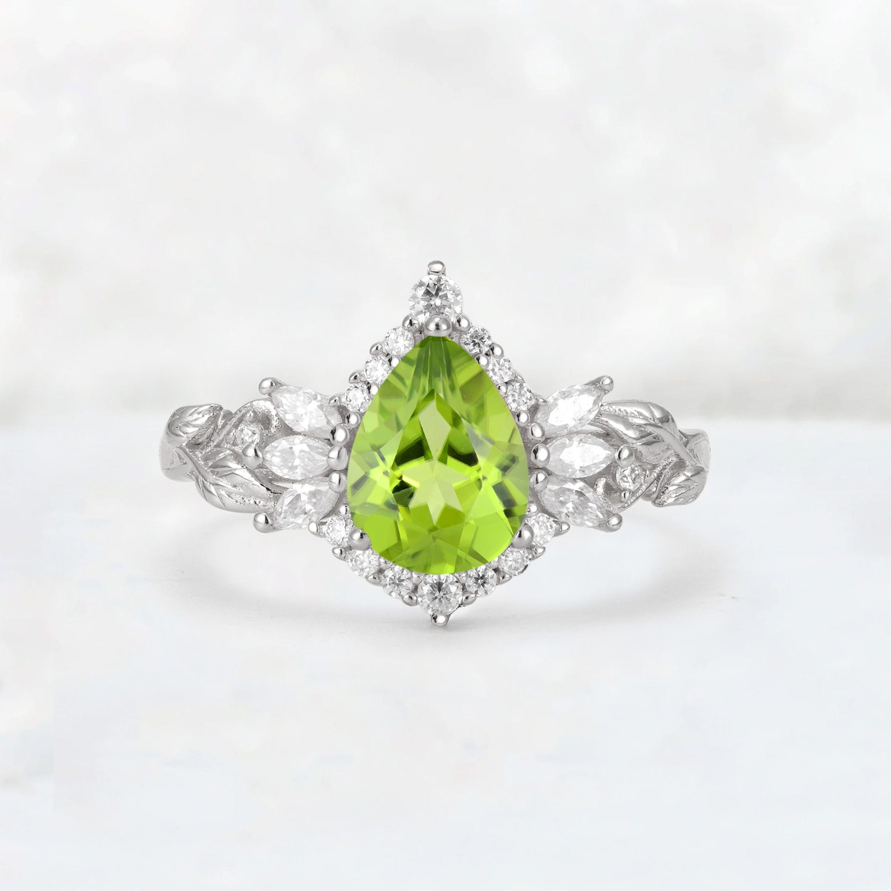 Pear Cut Peridot Marquise Halo Leaf Vine Engagement Ring - Additional view