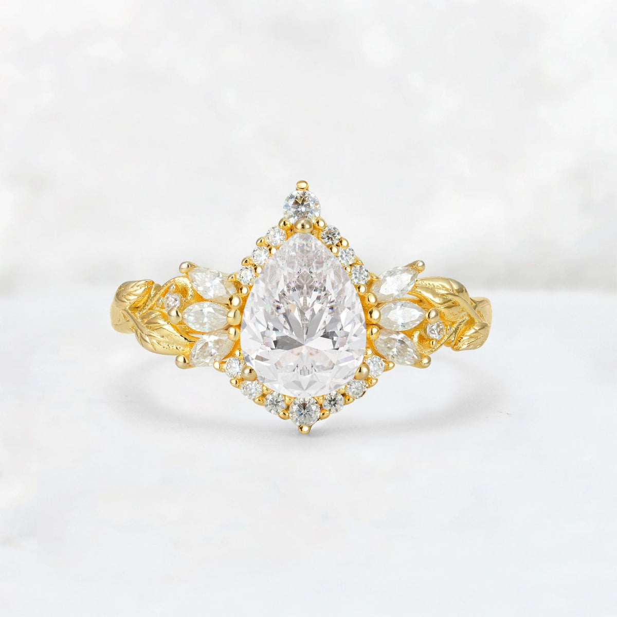 Pear Cut Moissanite Marquise Halo Leaf Vine Engagement Ring - Additional view