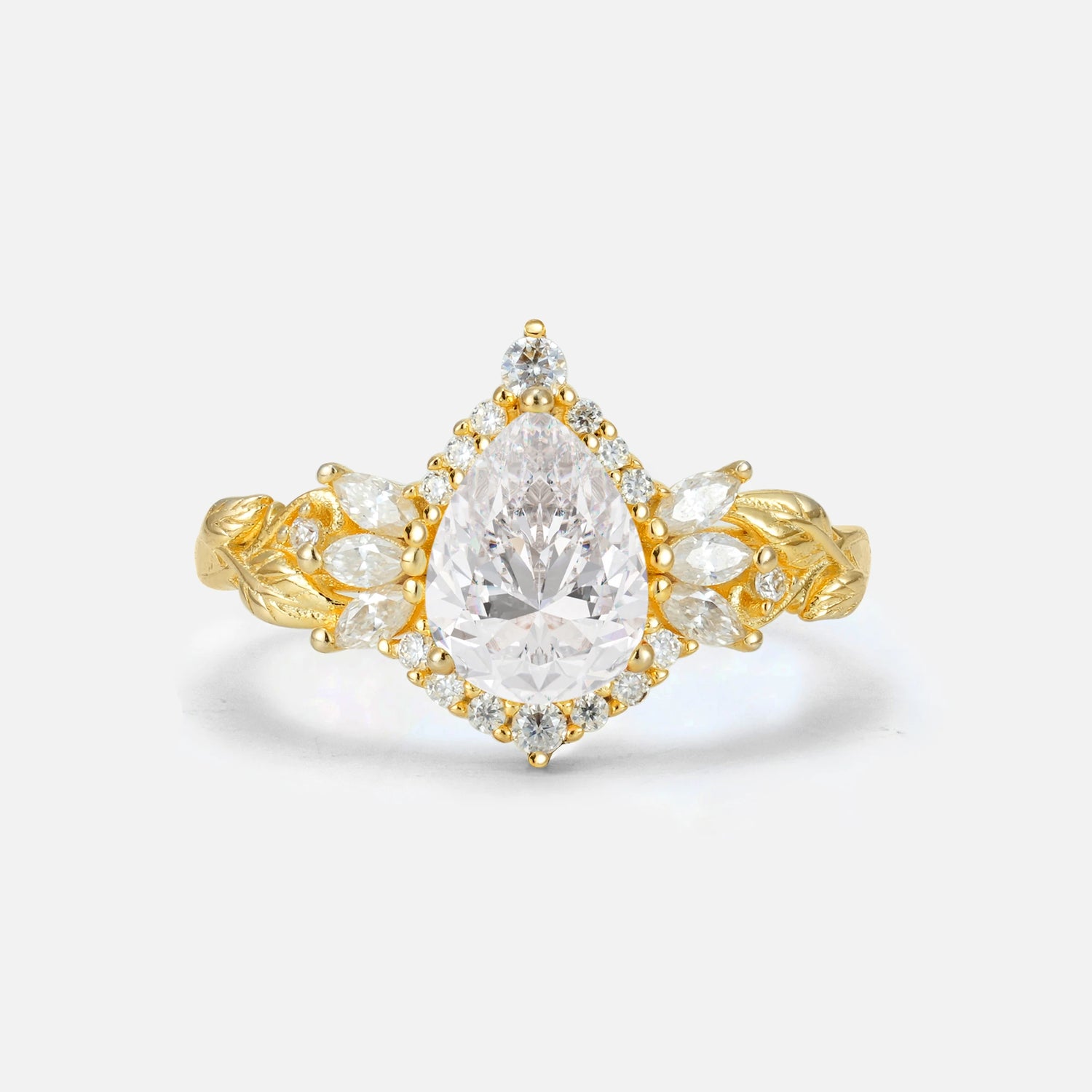 Pear Cut Moissanite Marquise Halo Leaf Vine Engagement Ring - Additional view