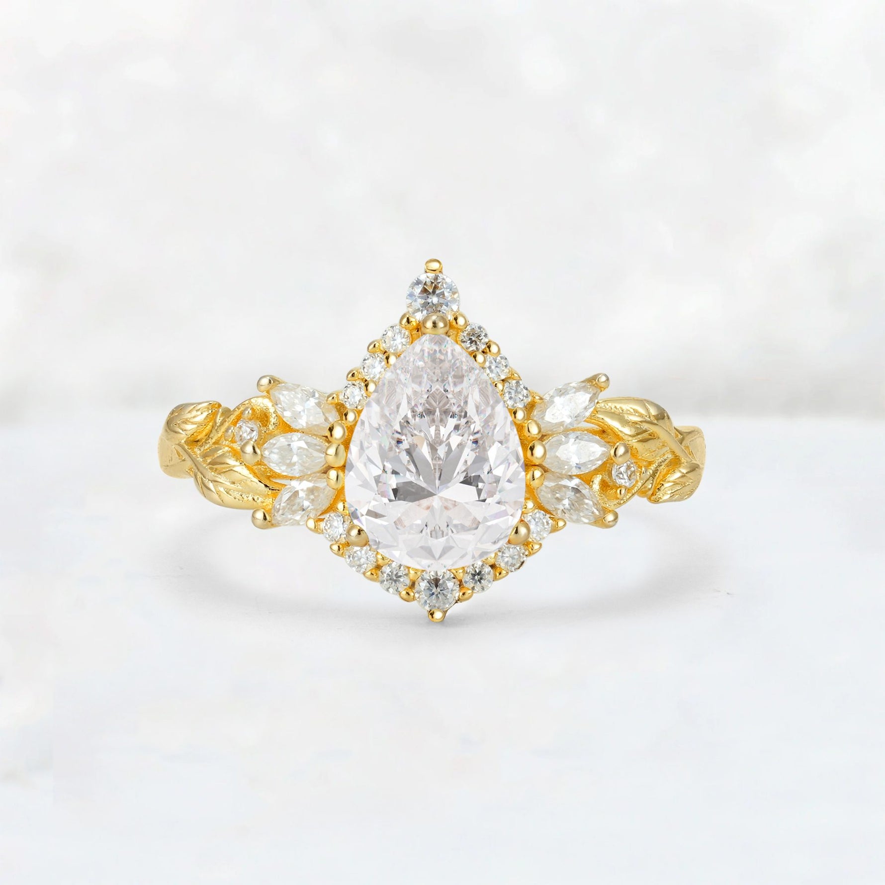 Pear Cut Moissanite Marquise Halo Leaf Vine Engagement Ring - Additional view