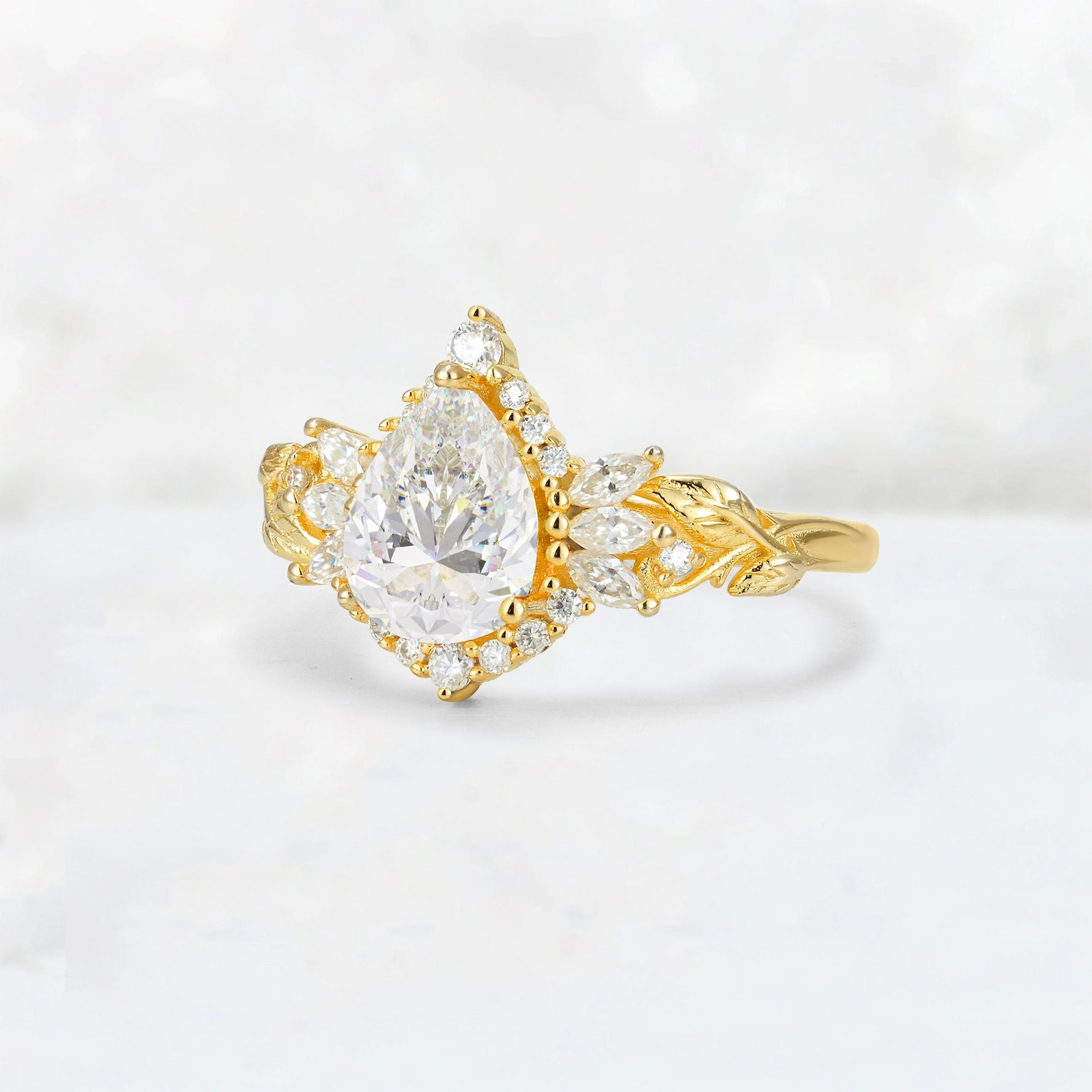 Pear Cut Moissanite Marquise Halo Leaf Vine Engagement Ring - Additional view