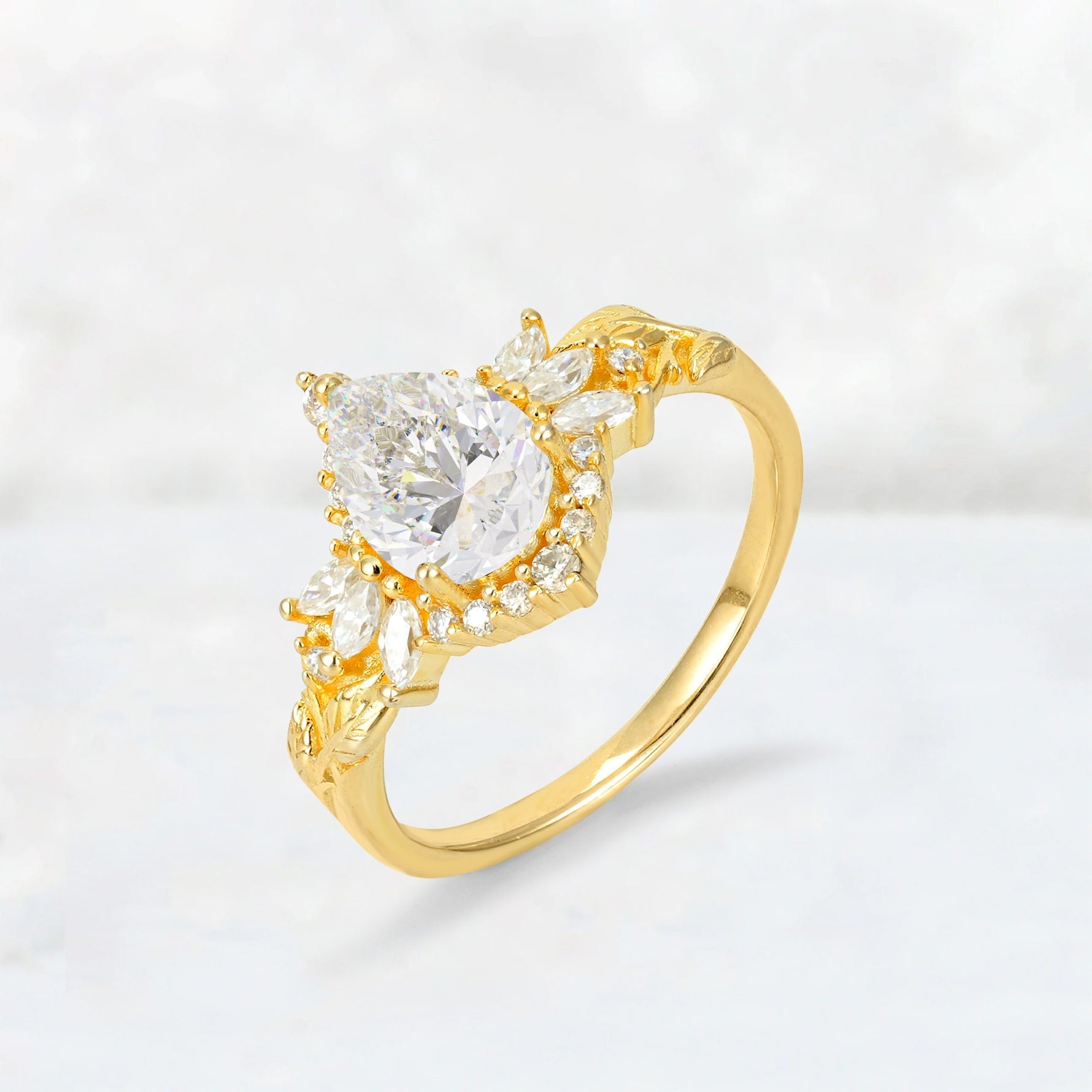 Pear Cut Moissanite Marquise Halo Leaf Vine Engagement Ring - Additional view