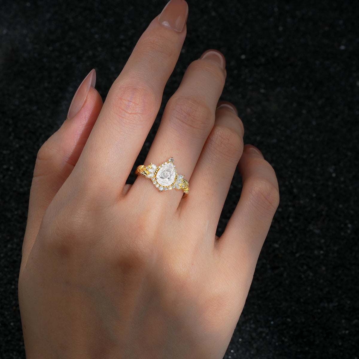 Pear Cut Moissanite Marquise Halo Leaf Vine Engagement Ring - Additional view