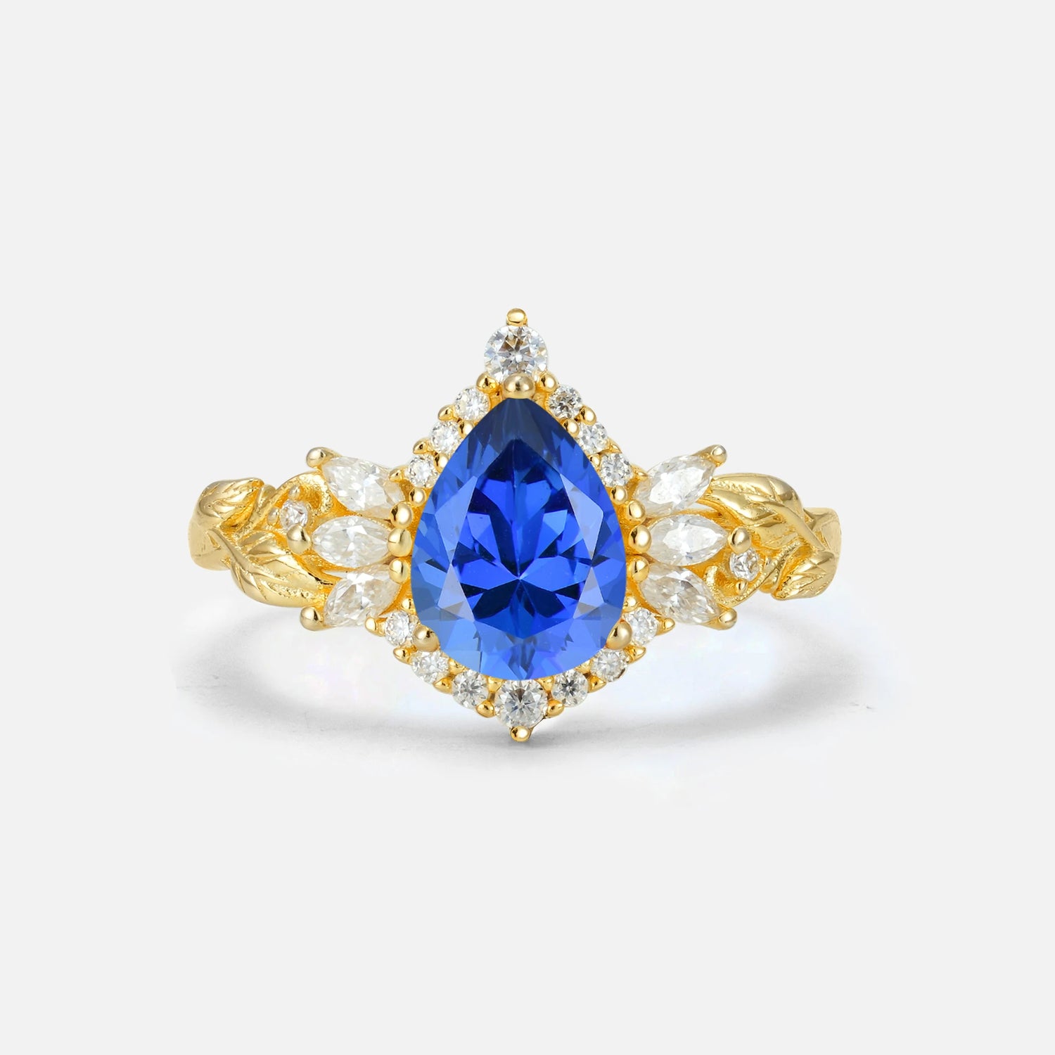 Pear Cut Sapphire Marquise Halo Leaf Vine Engagement Ring - Additional view