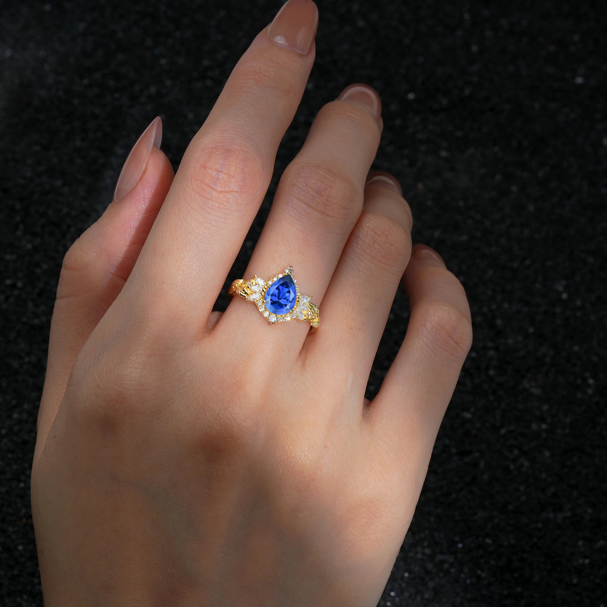 Pear Cut Sapphire Marquise Halo Leaf Vine Engagement Ring - Additional view