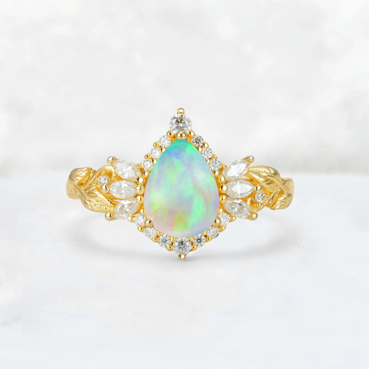 Pear Cut Fire Opal Marquise Halo Leaf Vine Engagement Ring - Additional view