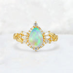 Pear Cut Fire Opal Marquise Halo Leaf Vine Engagement Ring - Additional view