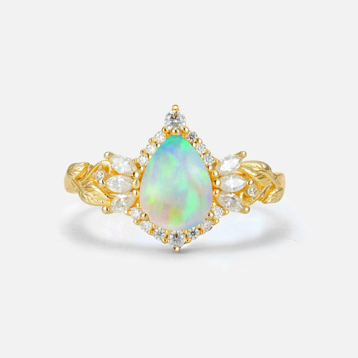 Pear Cut Fire Opal Marquise Halo Leaf Vine Engagement Ring - Additional view