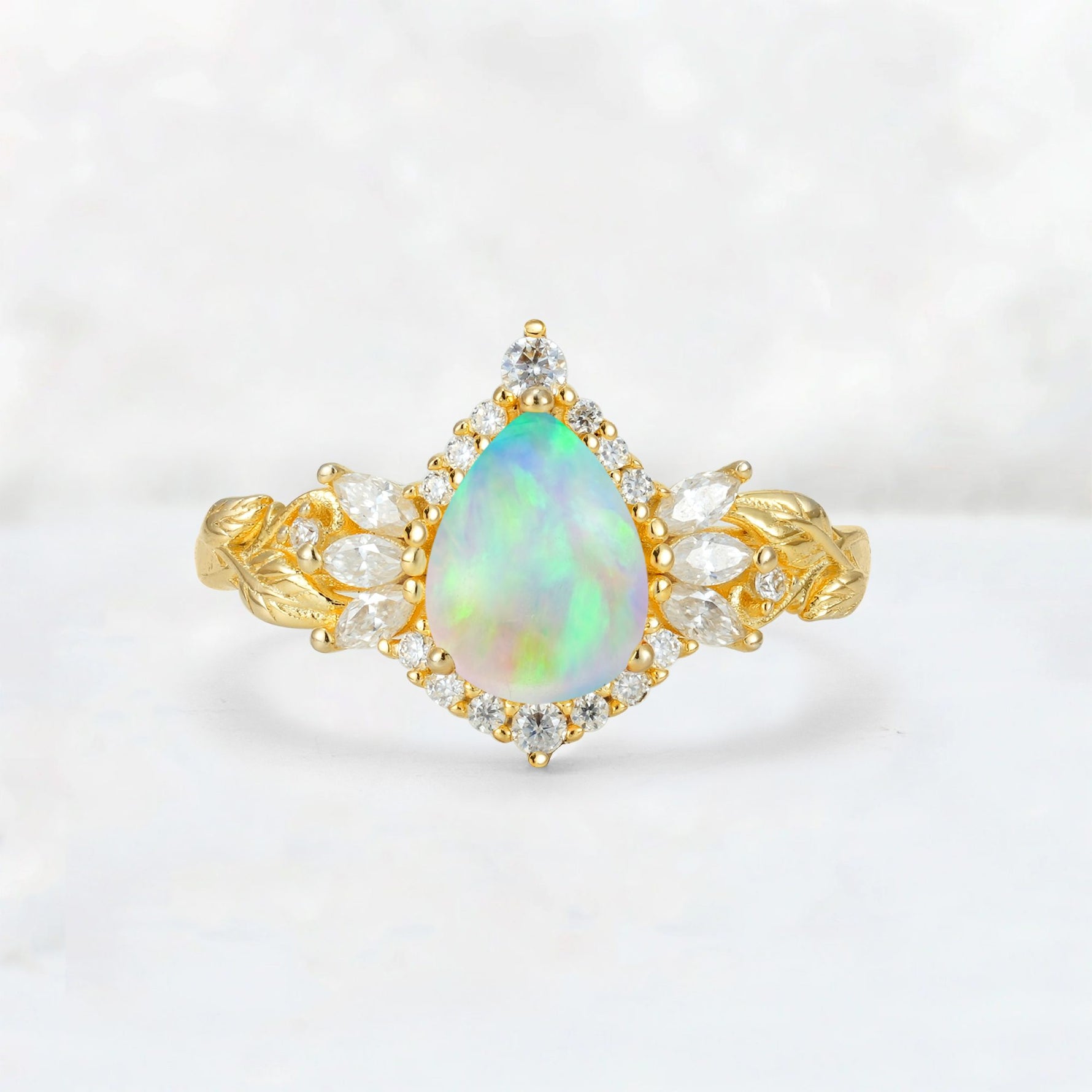 Pear Cut Fire Opal Marquise Halo Leaf Vine Engagement Ring - Additional view
