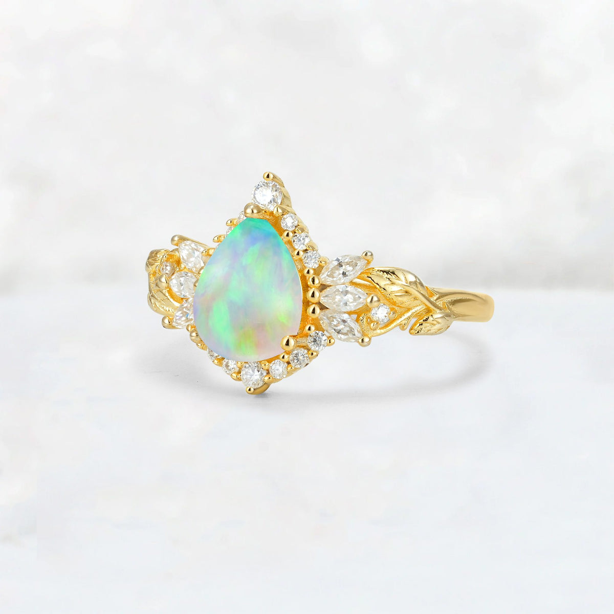 Pear Cut Fire Opal Marquise Halo Leaf Vine Engagement Ring - Additional view