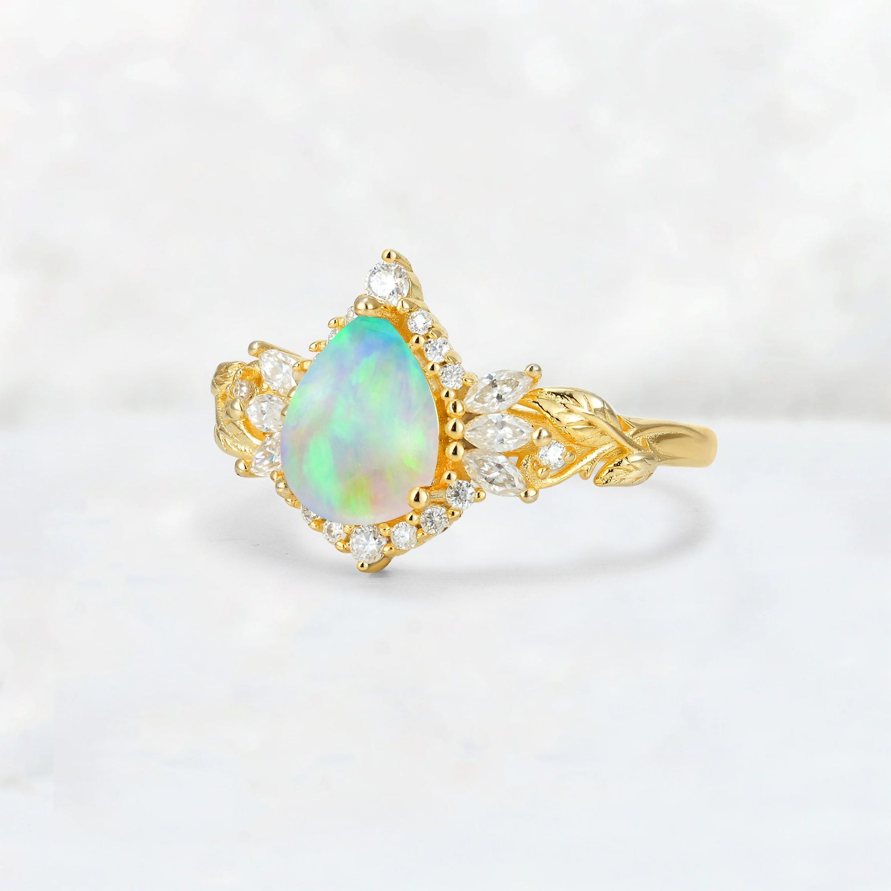 Pear Cut Fire Opal Marquise Halo Leaf Vine Engagement Ring - Additional view