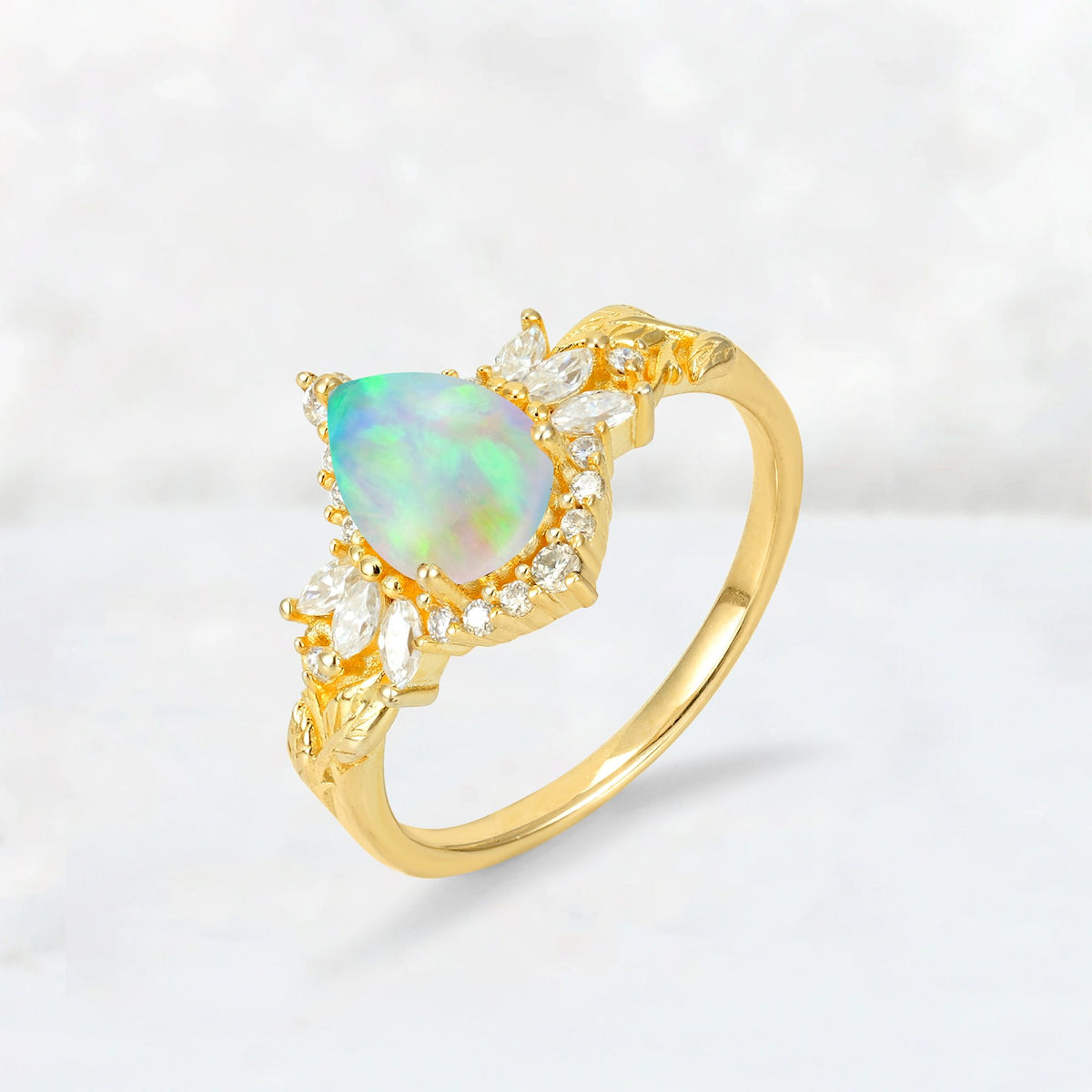 Pear Cut Fire Opal Marquise Halo Leaf Vine Engagement Ring - Additional view