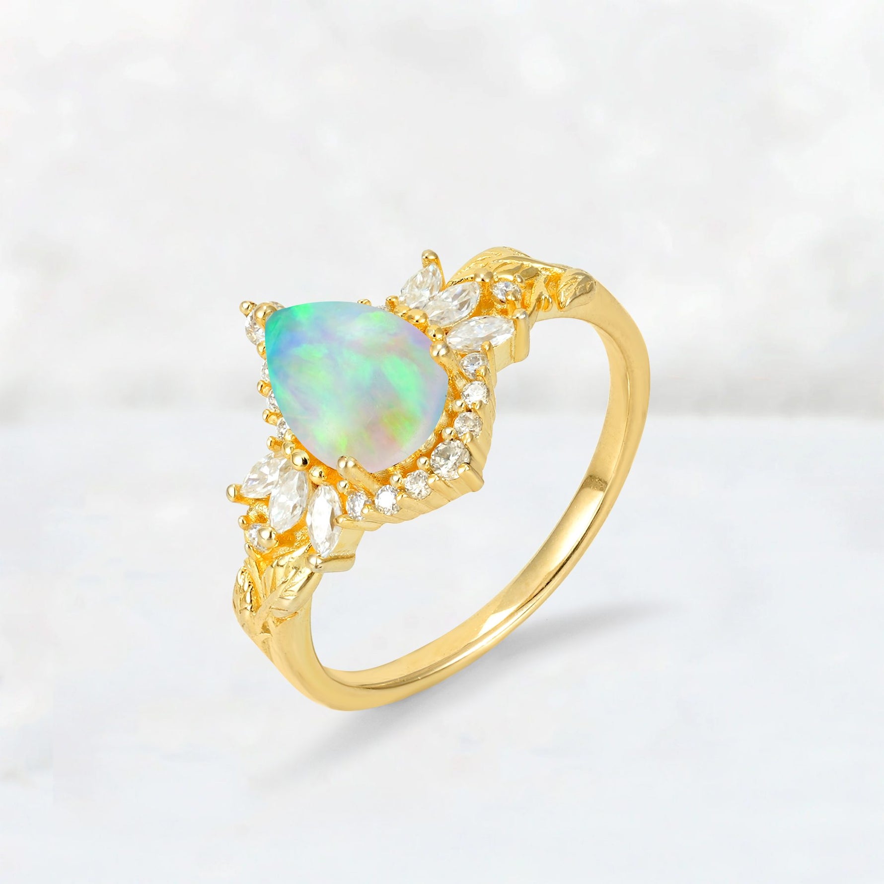 Pear Cut Fire Opal Marquise Halo Leaf Vine Engagement Ring - Additional view