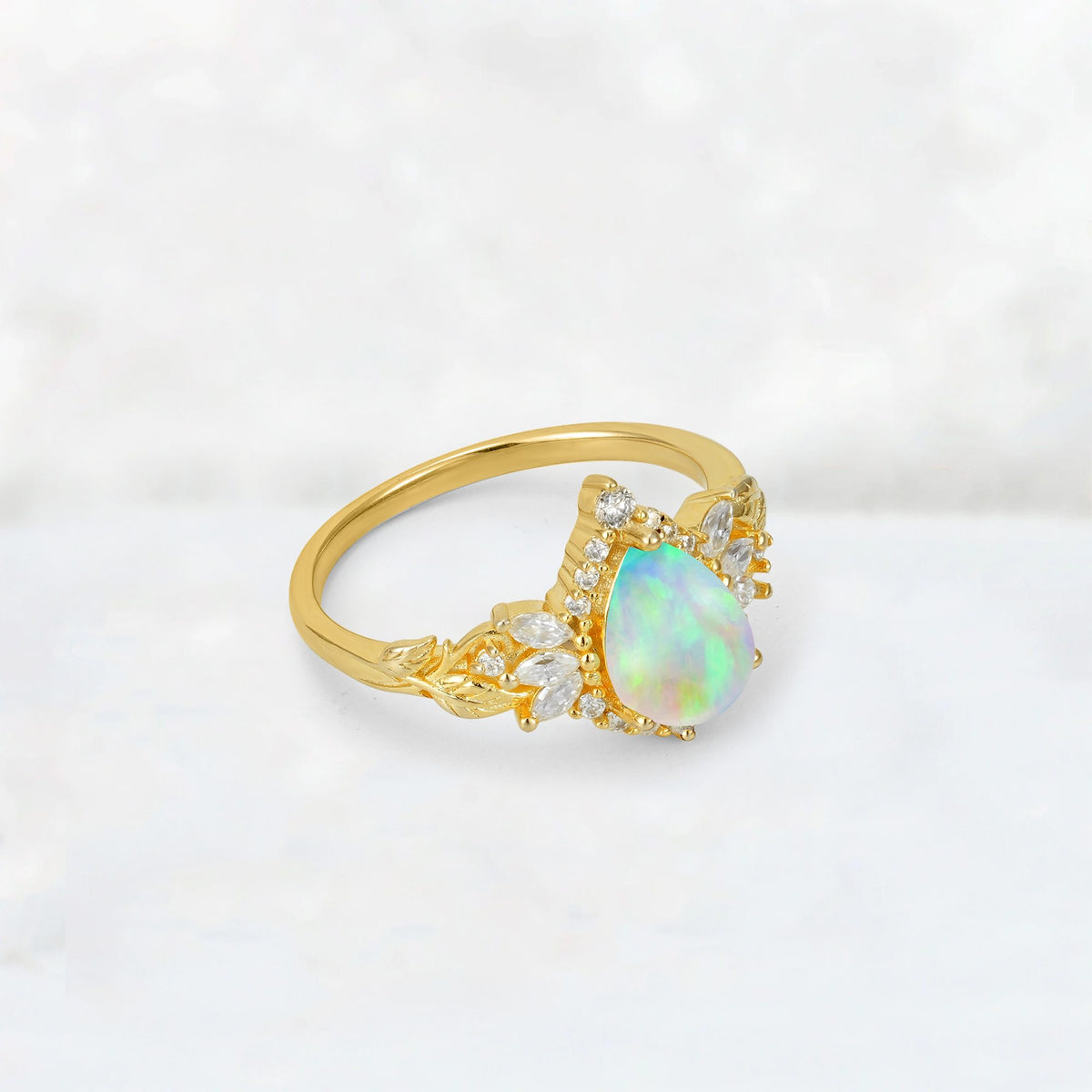 Pear Cut Fire Opal Marquise Halo Leaf Vine Engagement Ring - Additional view