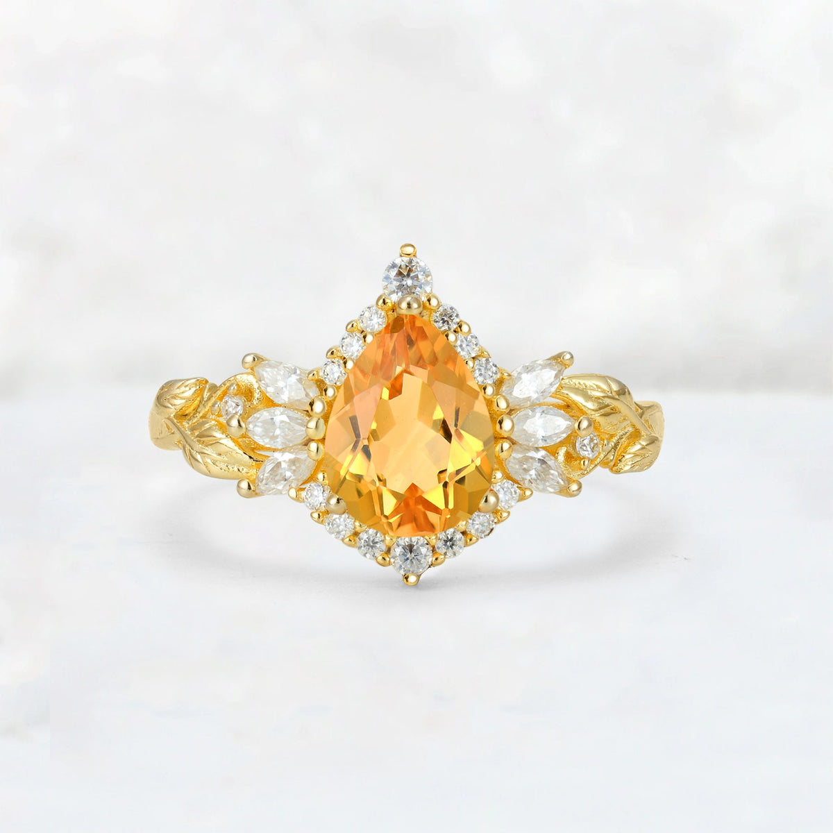 Pear Cut Citrine Marquise Halo Leaf Vine Engagement Ring - Additional view