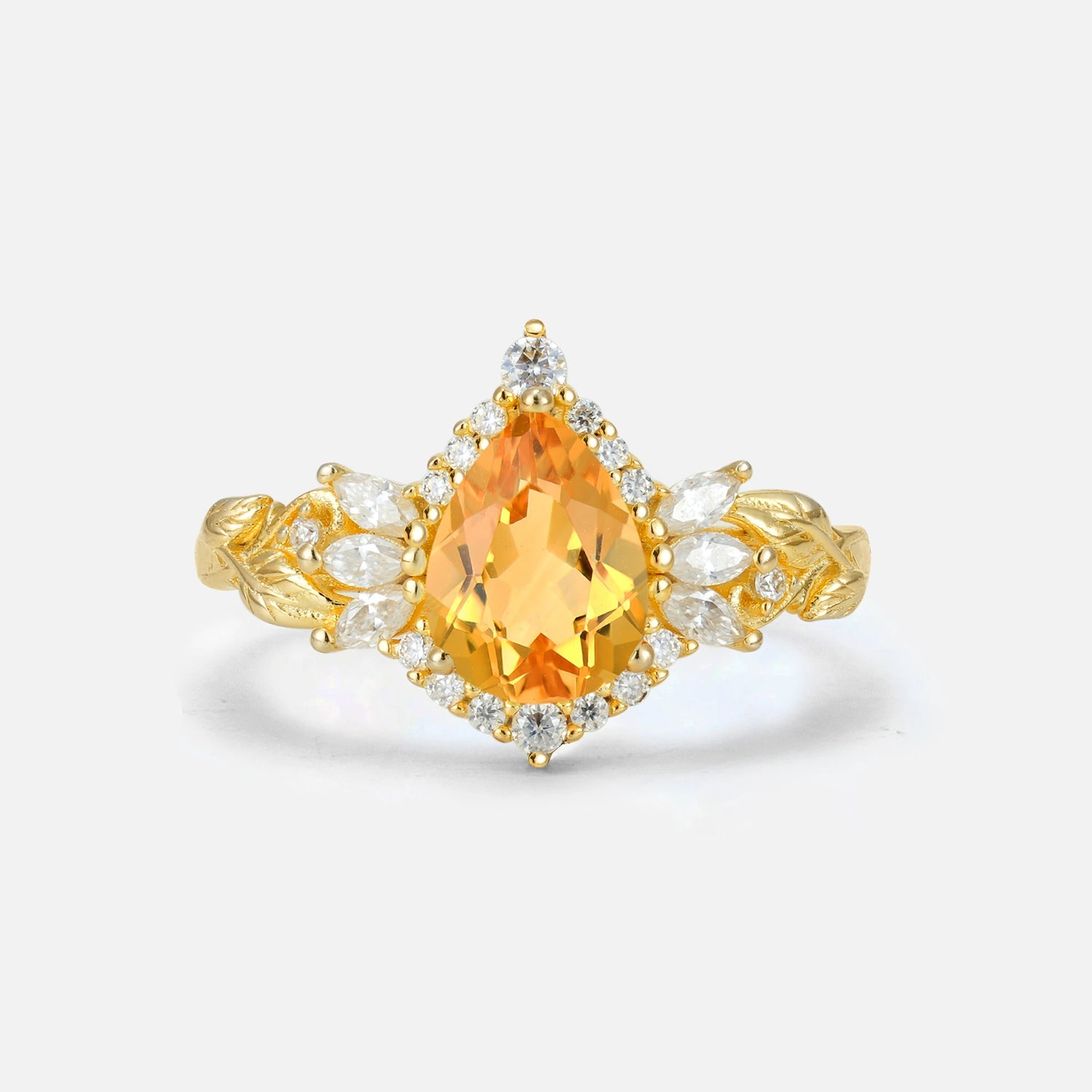 Pear Cut Citrine Marquise Halo Leaf Vine Engagement Ring - Additional view
