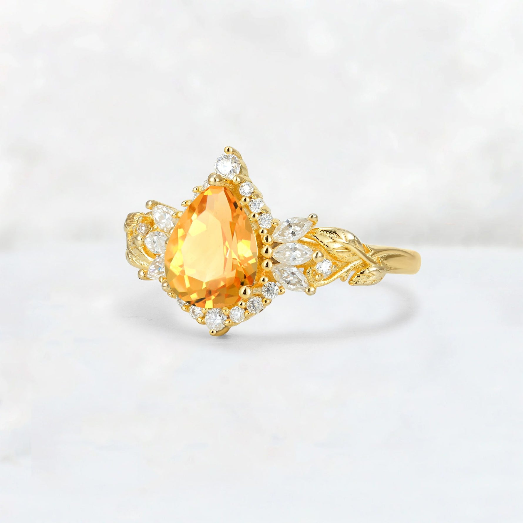 Pear Cut Citrine Marquise Halo Leaf Vine Engagement Ring - Additional view