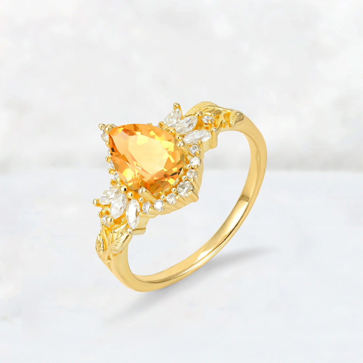 Pear Cut Citrine Marquise Halo Leaf Vine Engagement Ring - Additional view