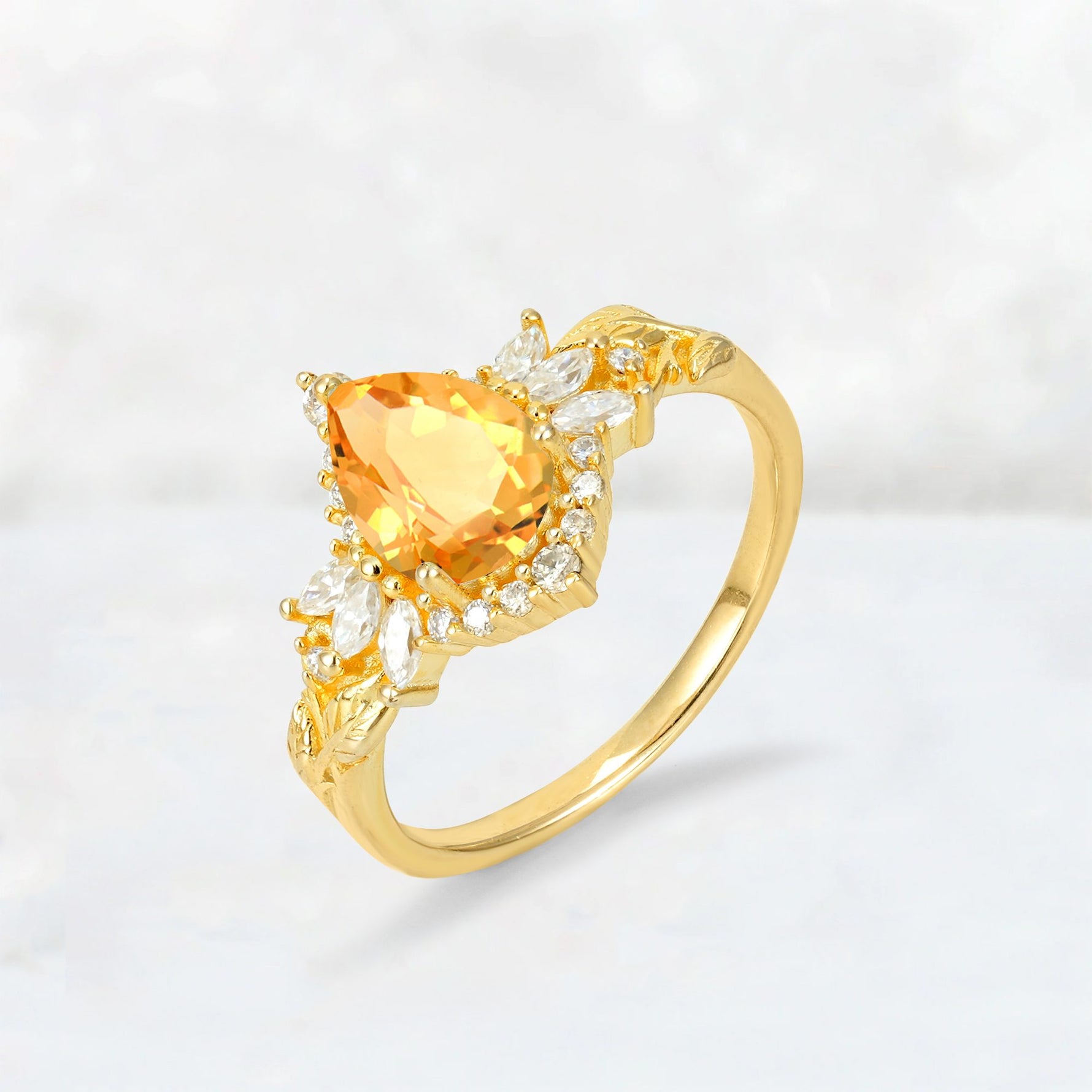 Pear Cut Citrine Marquise Halo Leaf Vine Engagement Ring - Additional view