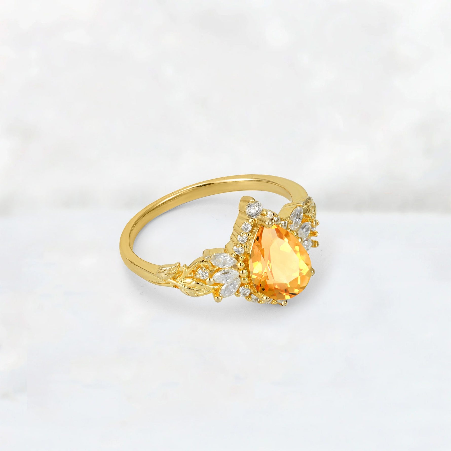 Pear Cut Citrine Marquise Halo Leaf Vine Engagement Ring - Additional view