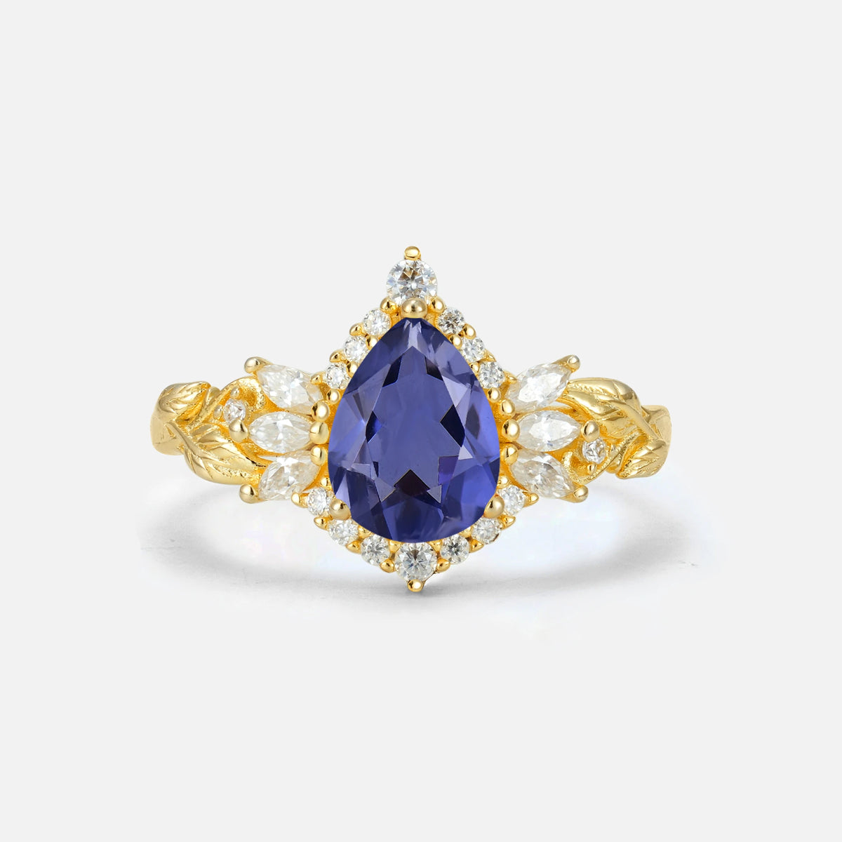 Pear Cut Tanzanite Marquise Halo Leaf Vine Engagement Ring - Additional view