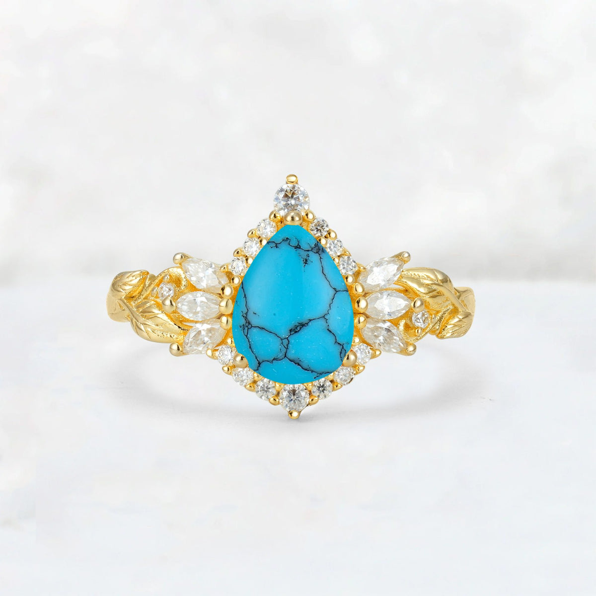 Pear Cut Turquoise Marquise Halo Leaf Vine Engagement Ring - Additional view