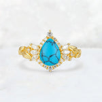 Pear Cut Turquoise Marquise Halo Leaf Vine Engagement Ring - Additional view
