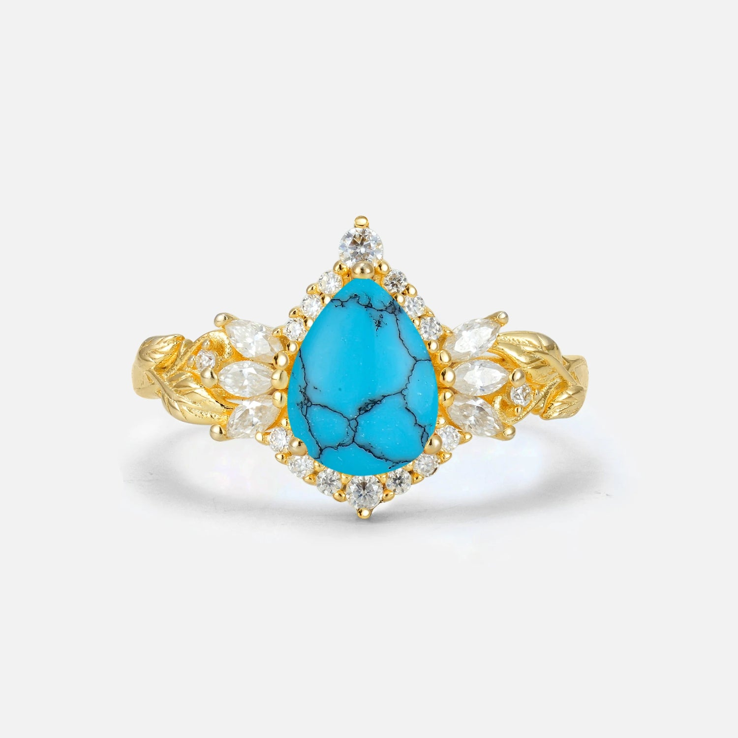 Pear Cut Turquoise Marquise Halo Leaf Vine Engagement Ring - Additional view