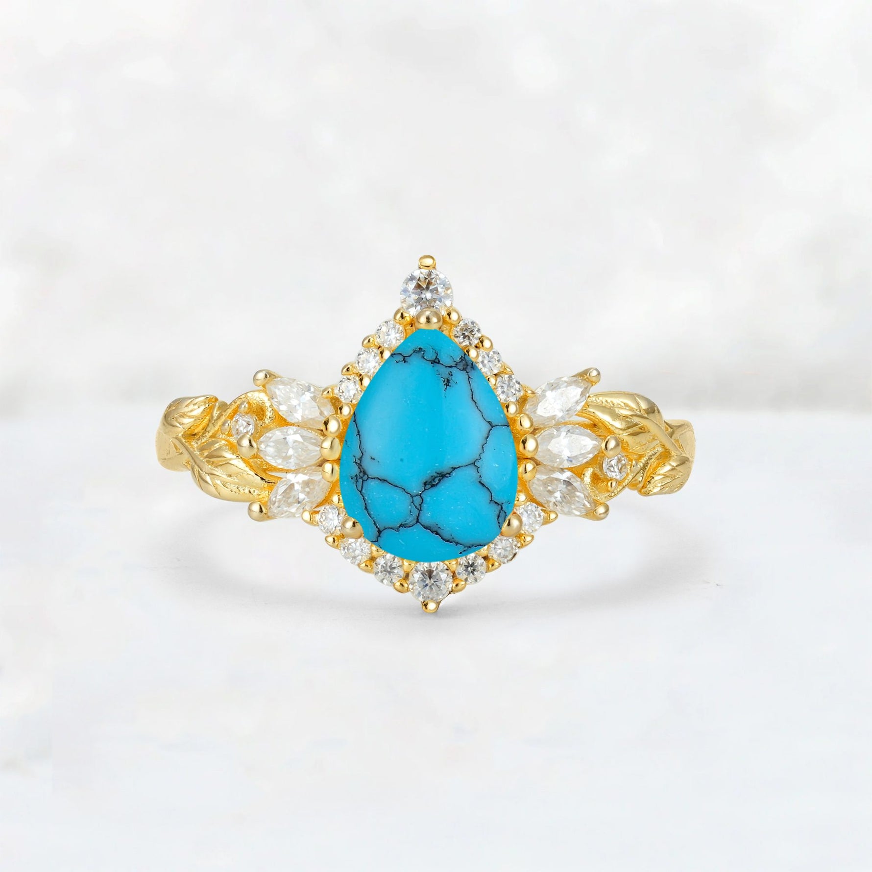 Pear Cut Turquoise Marquise Halo Leaf Vine Engagement Ring - Additional view