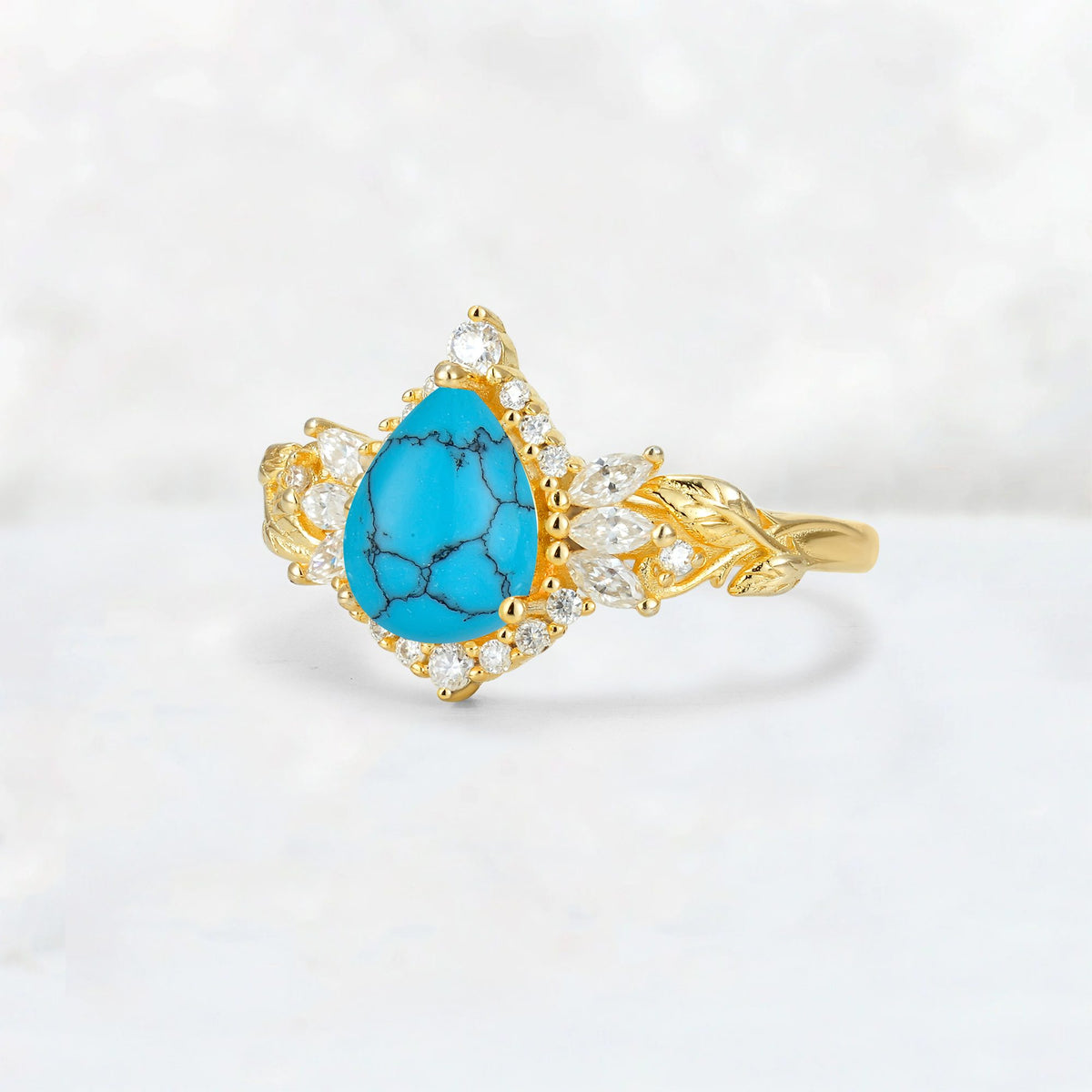 Pear Cut Turquoise Marquise Halo Leaf Vine Engagement Ring - Additional view