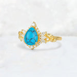 Pear Cut Turquoise Marquise Halo Leaf Vine Engagement Ring - Additional view