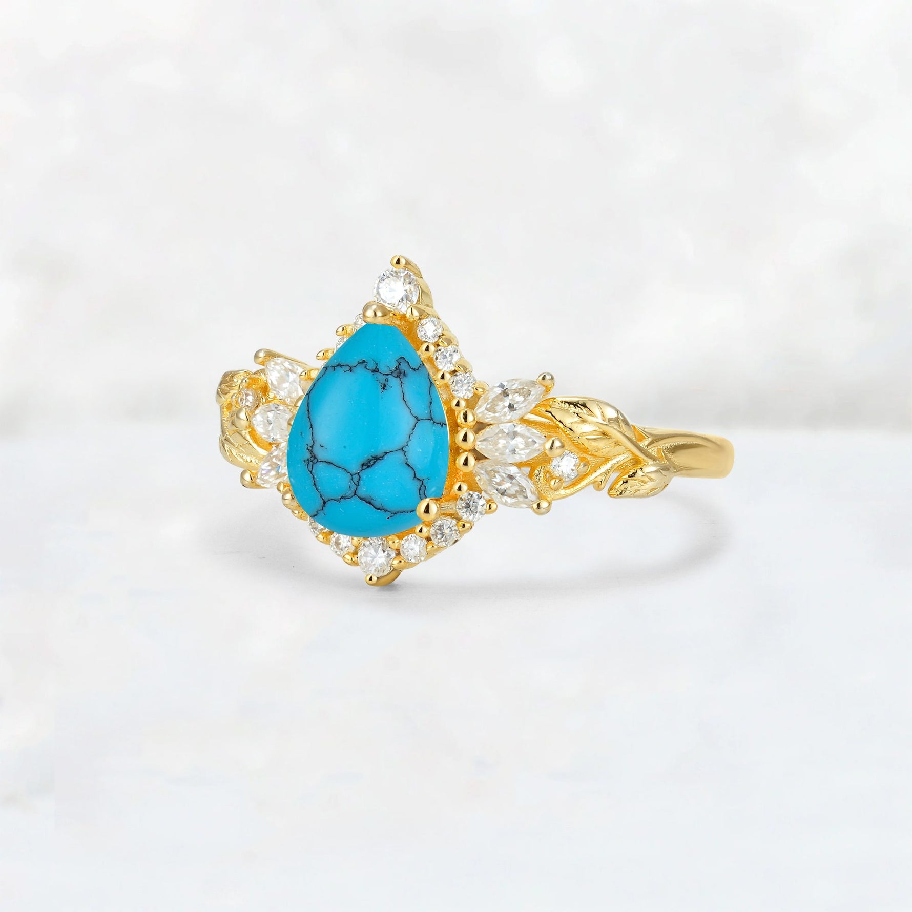 Pear Cut Turquoise Marquise Halo Leaf Vine Engagement Ring - Additional view