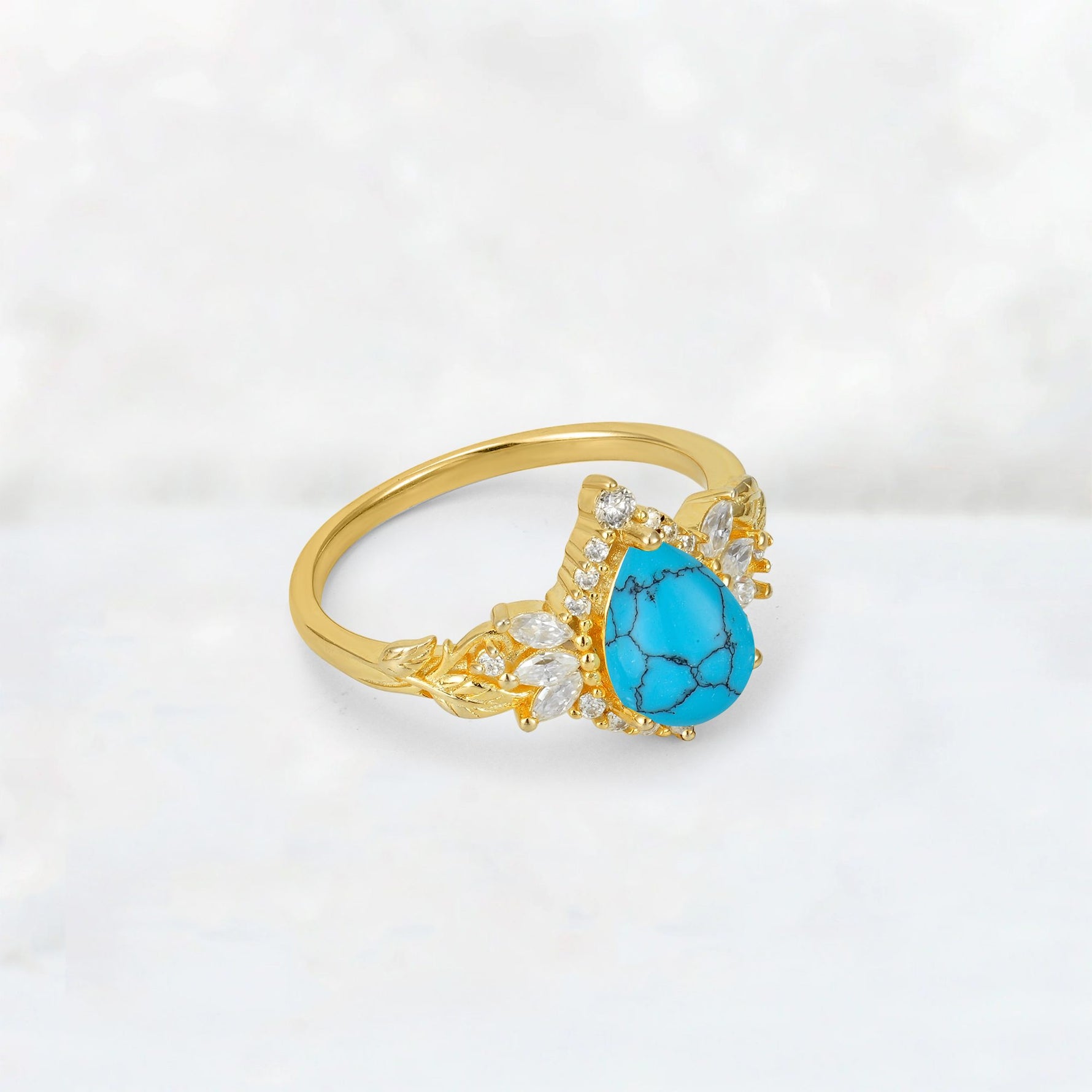 Pear Cut Turquoise Marquise Halo Leaf Vine Engagement Ring - Additional view