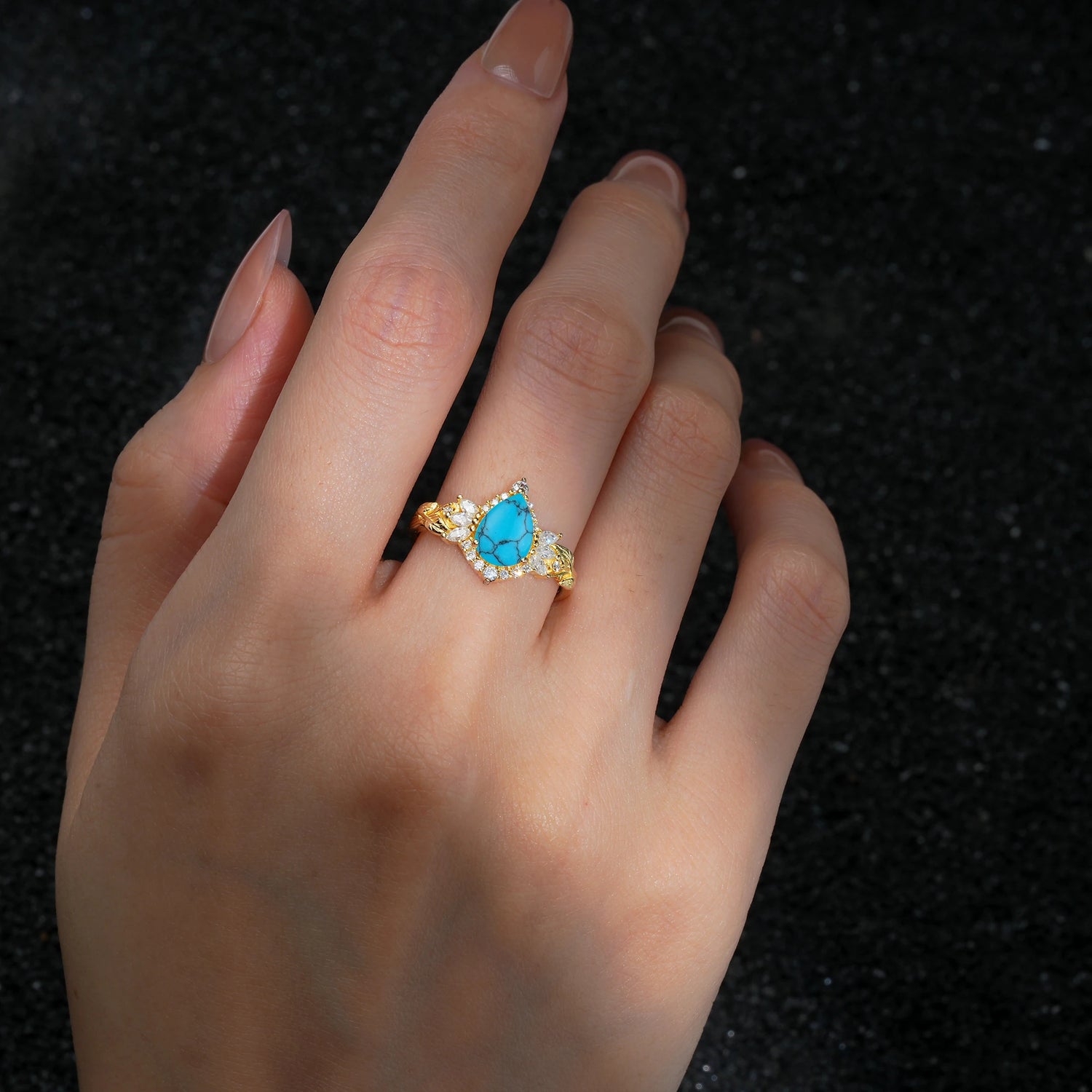 Pear Cut Turquoise Marquise Halo Leaf Vine Engagement Ring - Additional view