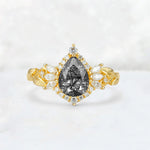 Pear Cut Black Rutilated Quartz Marquise Halo Leaf Vine Engagement Ring - Additional view