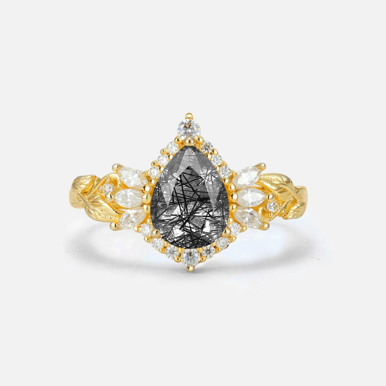Pear Cut Black Rutilated Quartz Marquise Halo Leaf Vine Engagement Ring - Additional view