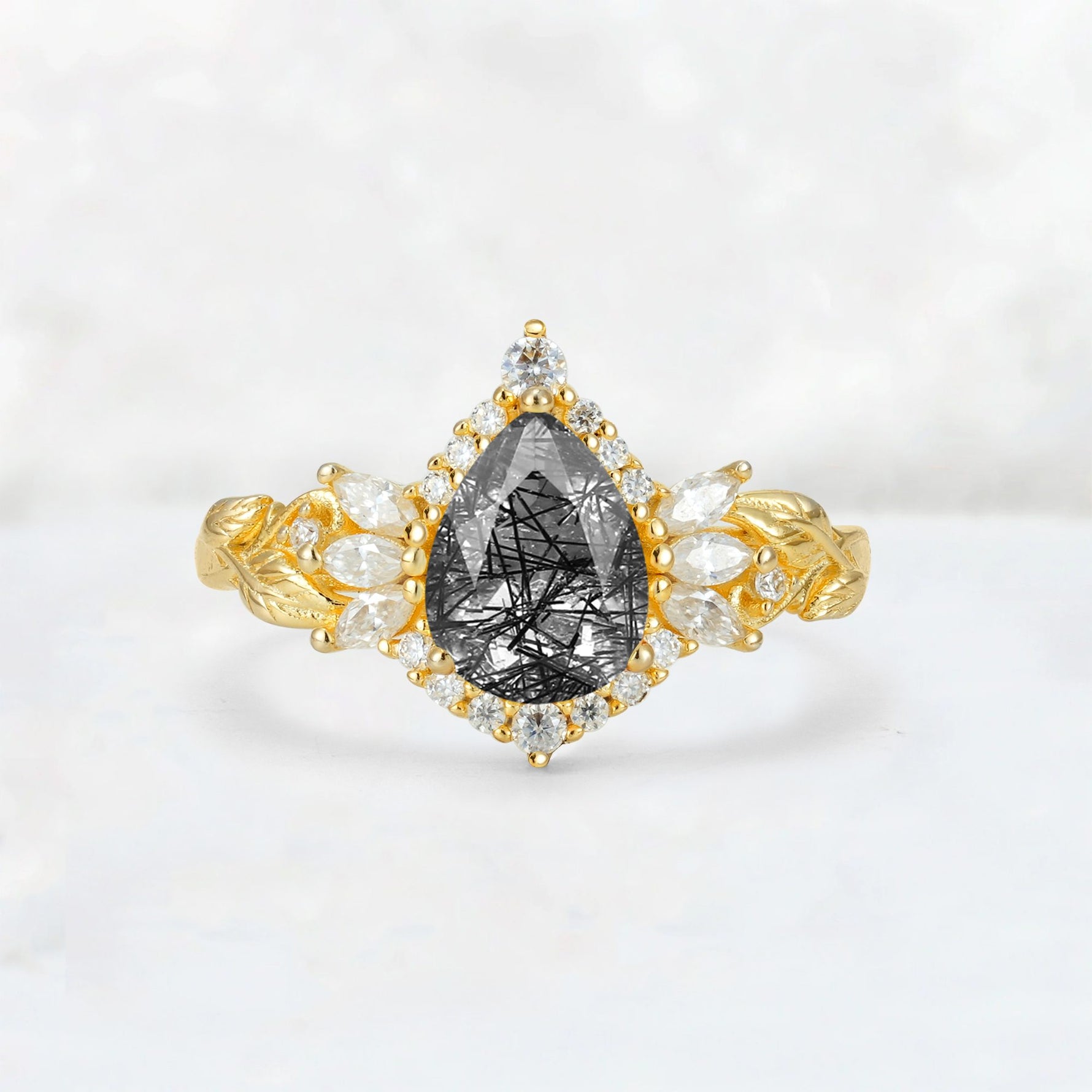 Pear Cut Black Rutilated Quartz Marquise Halo Leaf Vine Engagement Ring - Additional view