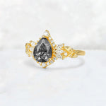 Pear Cut Black Rutilated Quartz Marquise Halo Leaf Vine Engagement Ring - Additional view