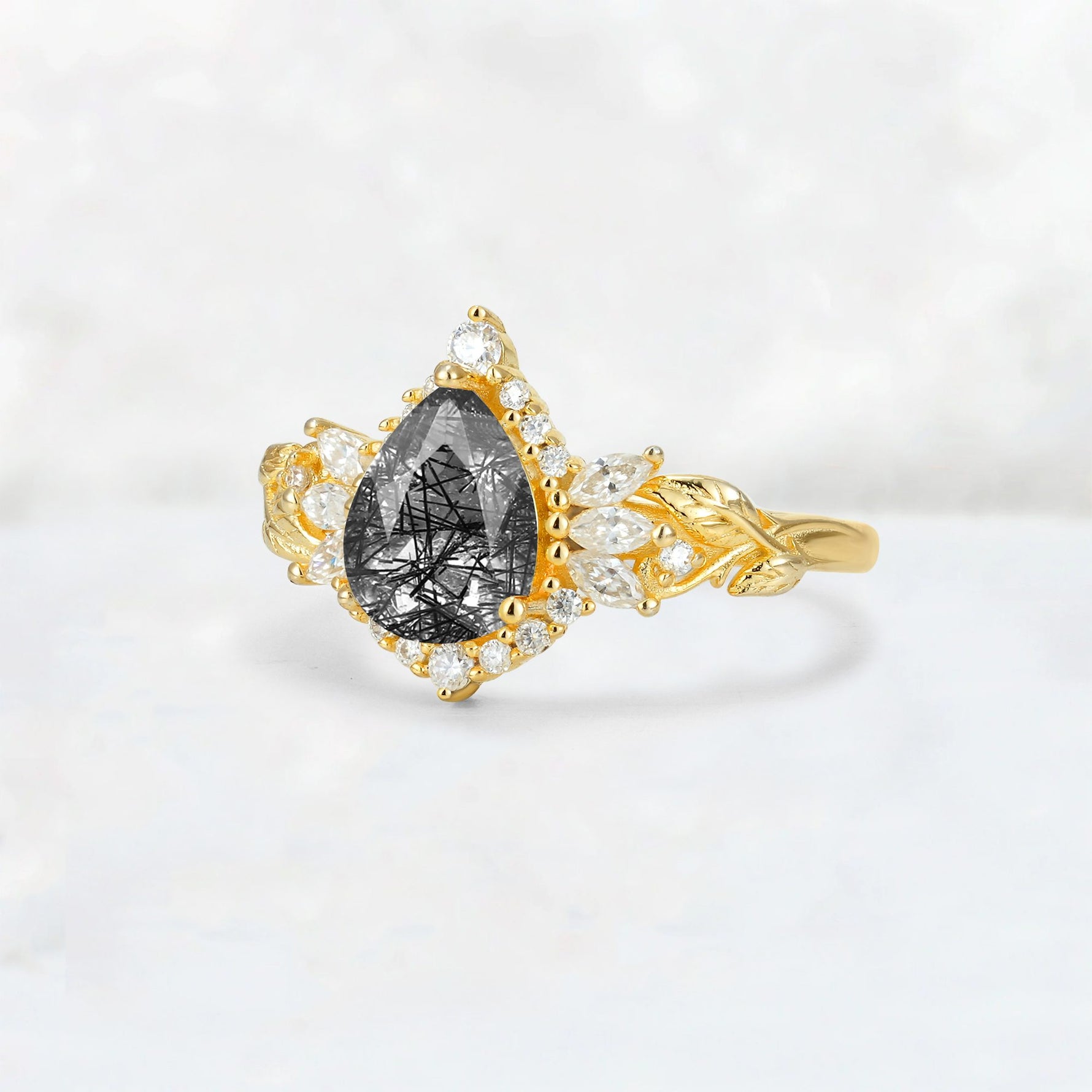 Pear Cut Black Rutilated Quartz Marquise Halo Leaf Vine Engagement Ring - Additional view