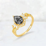 Pear Cut Black Rutilated Quartz Marquise Halo Leaf Vine Engagement Ring - Additional view