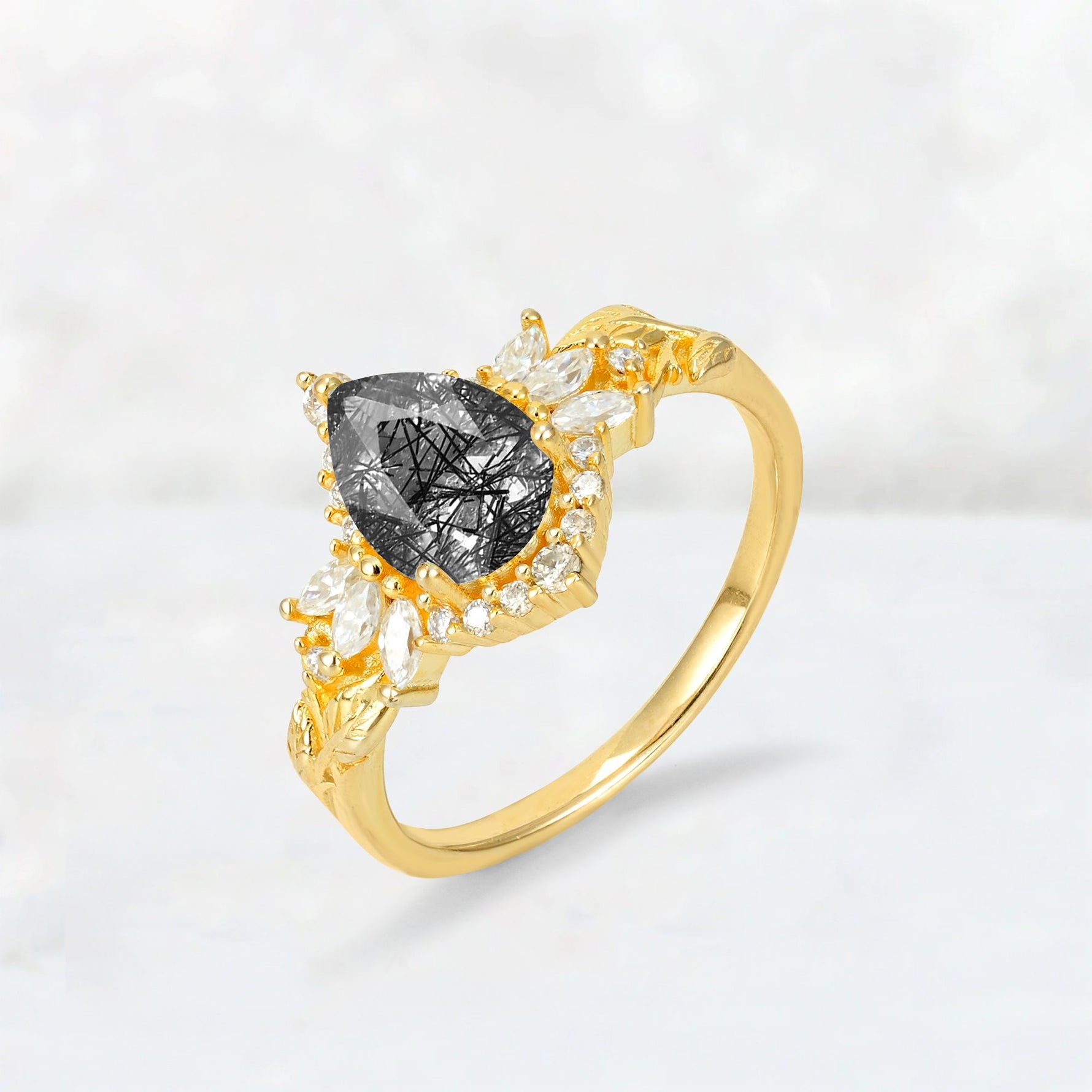 Pear Cut Black Rutilated Quartz Marquise Halo Leaf Vine Engagement Ring - Additional view