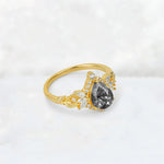 Pear Cut Black Rutilated Quartz Marquise Halo Leaf Vine Engagement Ring - Additional view