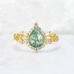 Pear Cut Moss Agate Marquise Halo Leaf Vine Engagement Ring - Additional view