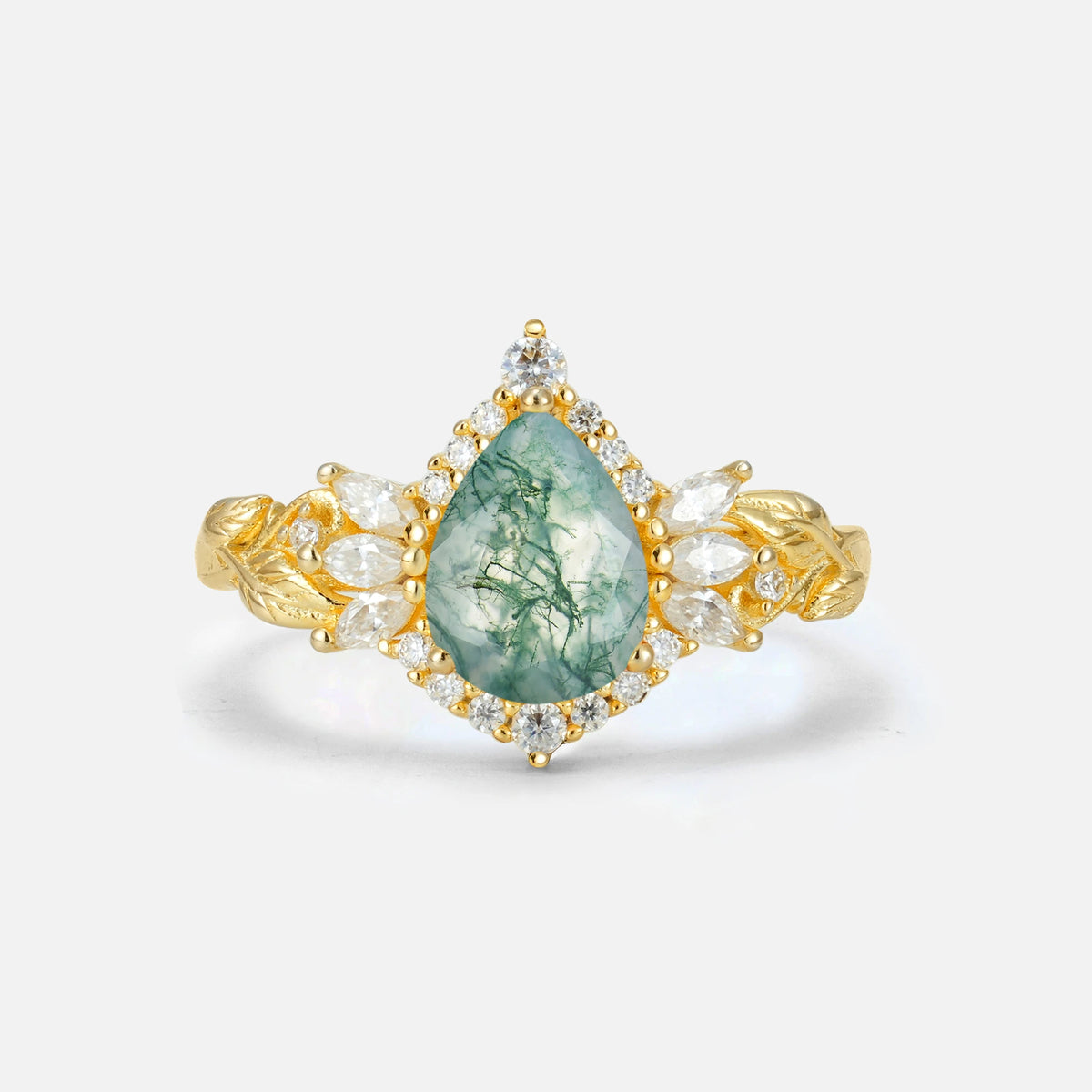 Pear Cut Moss Agate Marquise Halo Leaf Vine Engagement Ring - Additional view