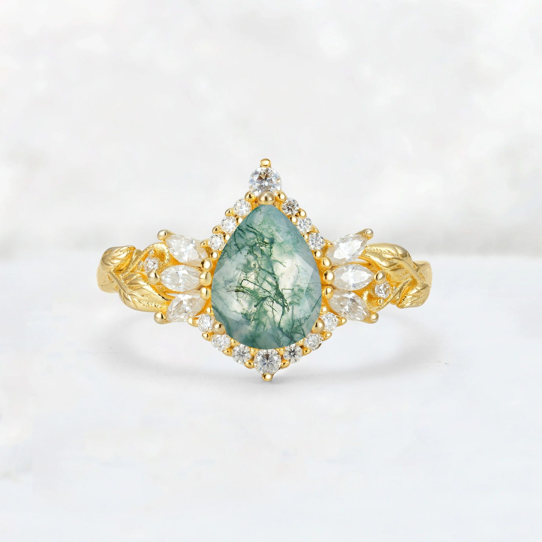 Pear Cut Moss Agate Marquise Halo Leaf Vine Engagement Ring - Additional view