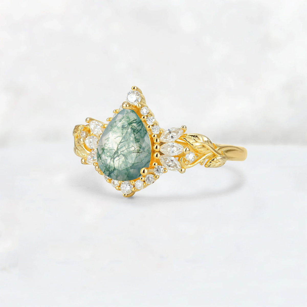 Pear Cut Moss Agate Marquise Halo Leaf Vine Engagement Ring - Additional view