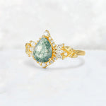 Pear Cut Moss Agate Marquise Halo Leaf Vine Engagement Ring - Additional view