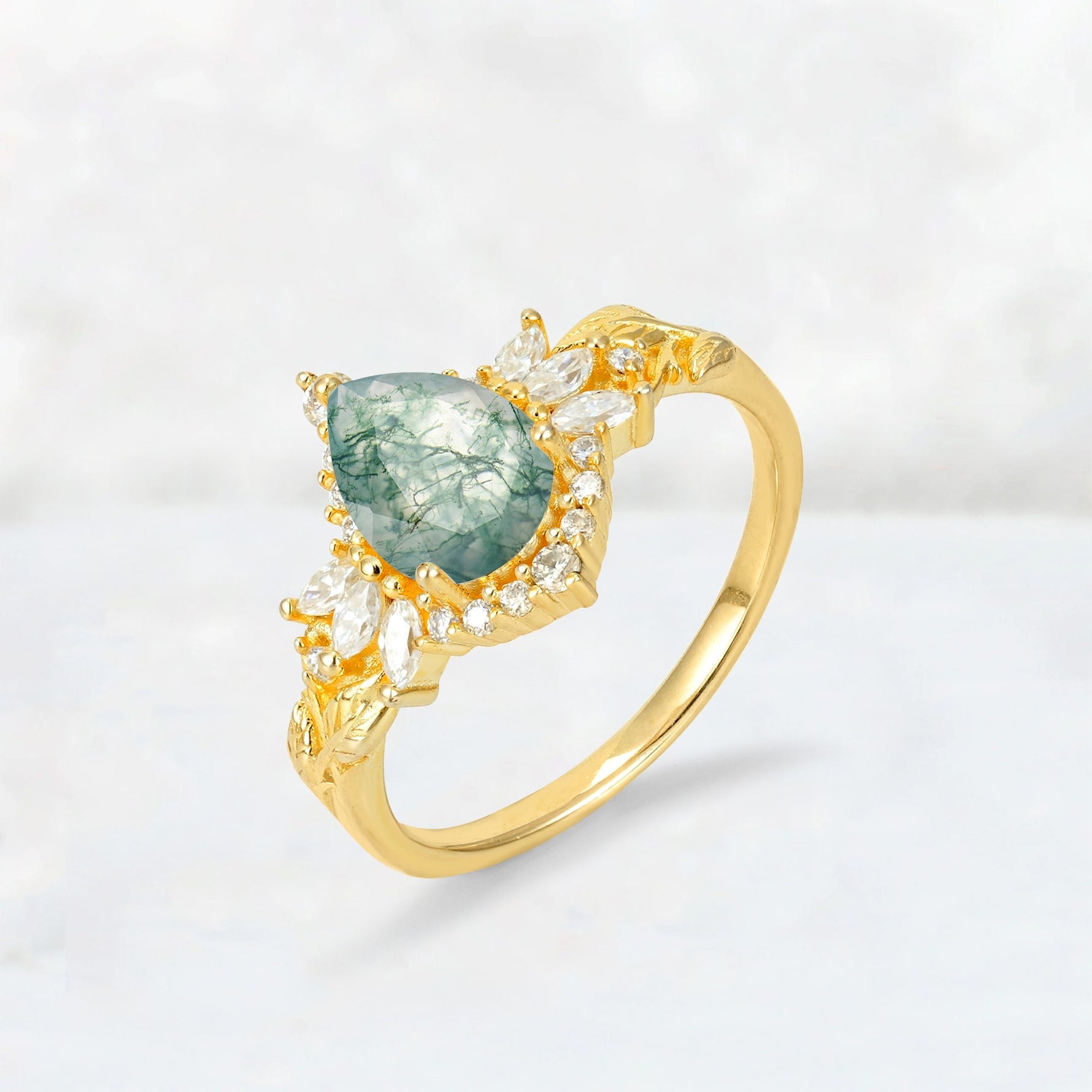 Pear Cut Moss Agate Marquise Halo Leaf Vine Engagement Ring - Additional view
