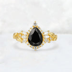 Pear Cut Black Onyx Marquise Halo Leaf Vine Engagement Ring - Additional view