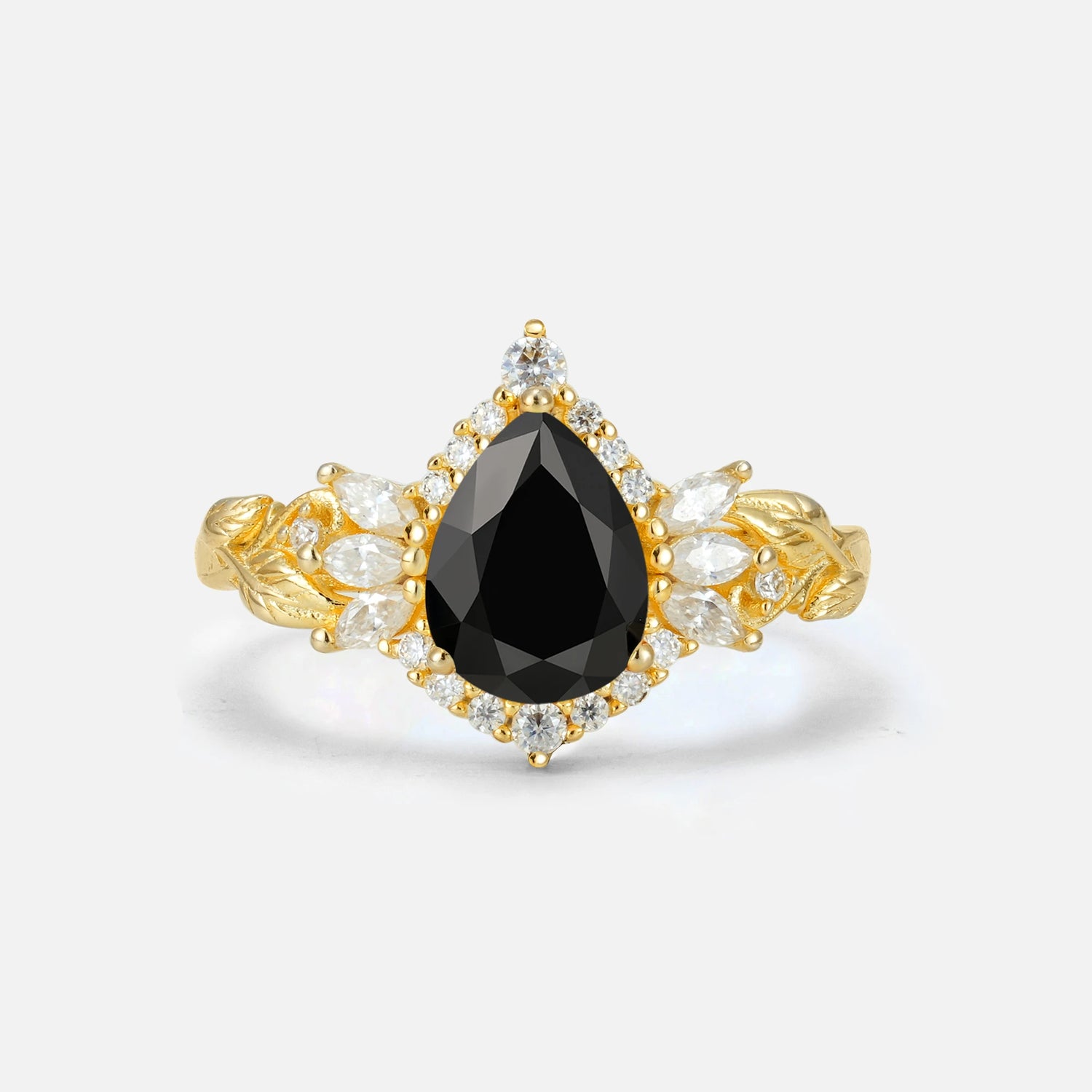 Pear Cut Black Onyx Marquise Halo Leaf Vine Engagement Ring - Additional view